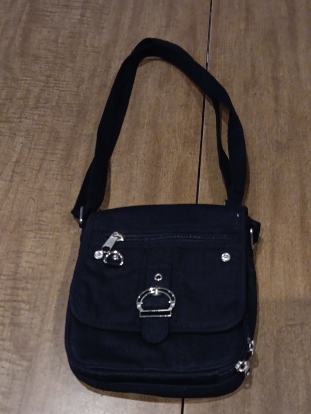 Black Crossbody Shoulder Bag with Silver Hardware